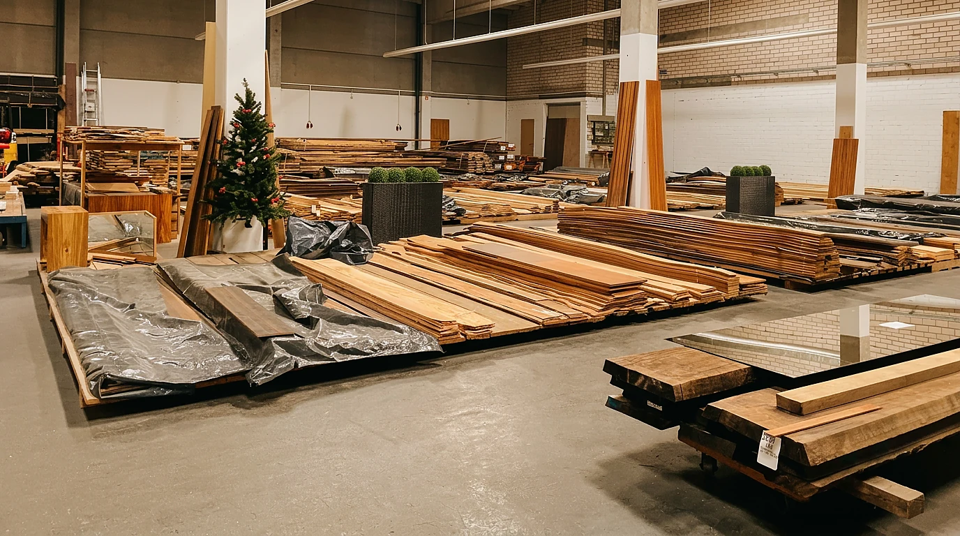 Showroom von Studier Furniere mit offen ausgelegten Furnierpaketen